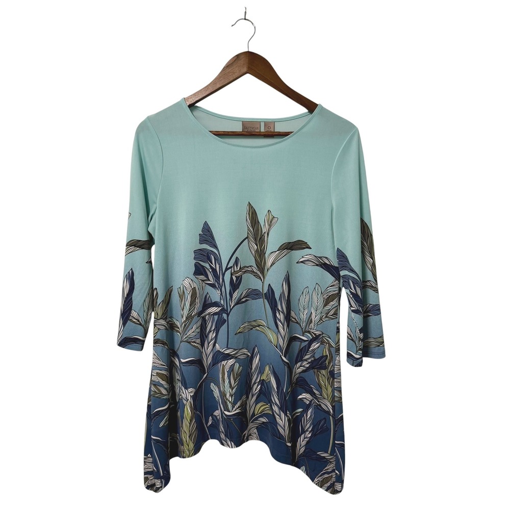 Chico's Tunic Top Women 0 Blue Tropical Leaf Print 3/4 Sleeve Slinky Knit Travel